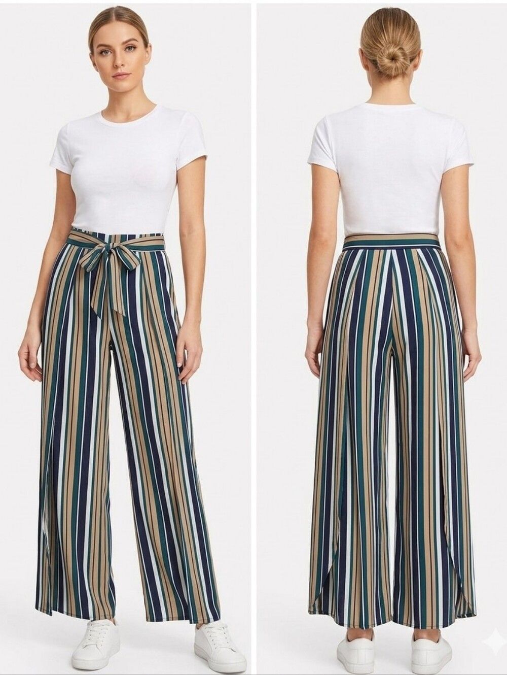 Blu Pepper Day to Day Striped Wide Leg Split Leg Overlay Pants Tie Waist Size M